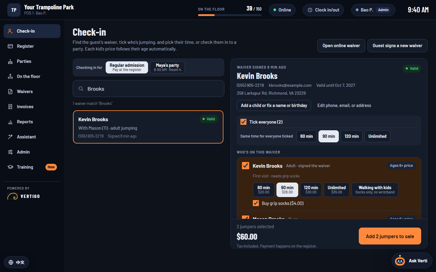 Vertigo's check-in screen: a family's waiver is open, both jumpers are ticked for 90 minutes, and the total is $60.00.